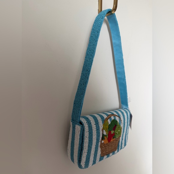 Viral beaded fruit basket Blue white Striped Shoulder Bag - Picture 4 of 6